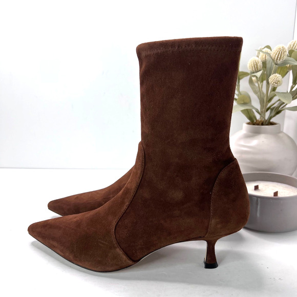 Stuart Weitzman Naomi 50 Suede Boot Pointed Toe Kitten Heel Deep Coffee Women 11 - Picture 1 of 11